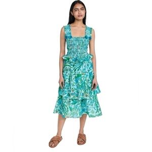Figue Sicilia turquoise floral smocked sleeveless midi Sun dress tiered sz small